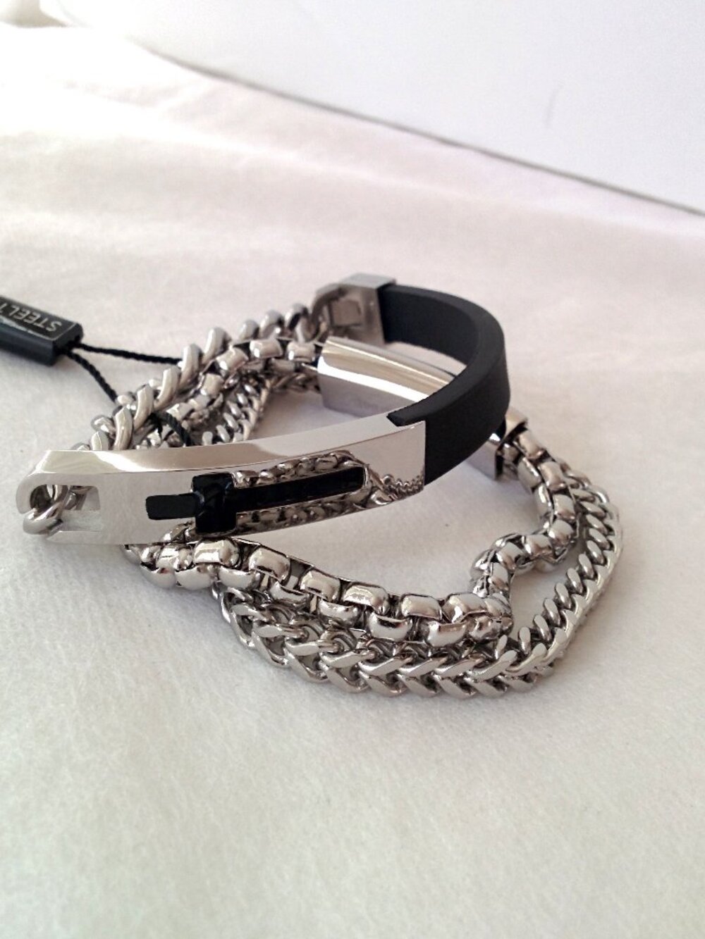Steeltime Black & Silver Stainless Steel Cross ID / Double Chain Bracelet Set